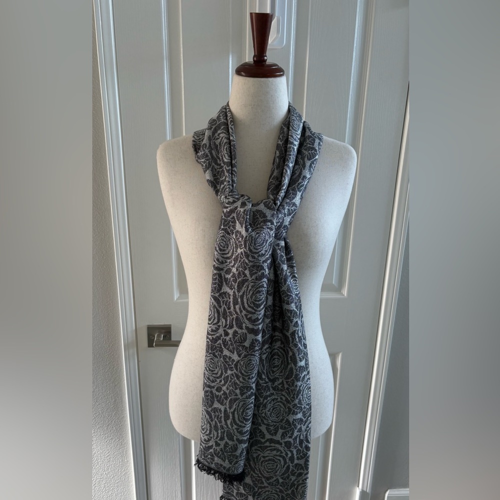 White House Black Market- Elegant Black and Gray Floral Scarf- new without tags